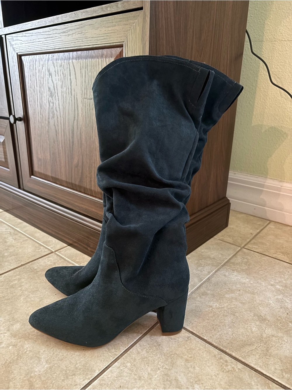 Blue Suede Slouch Knee-High Boots - Women